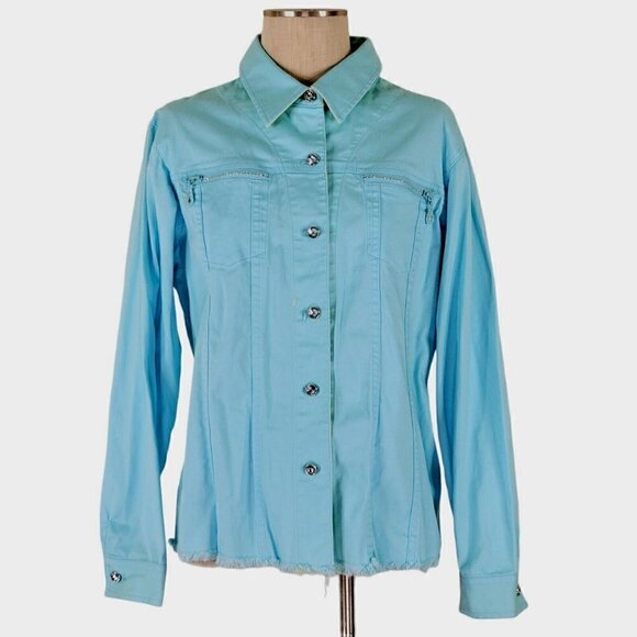 Quacker Factory Denim Jacket Size L Fringe Hem Rhinestone Zippers Jewel Buttons - Picture 1 of 11